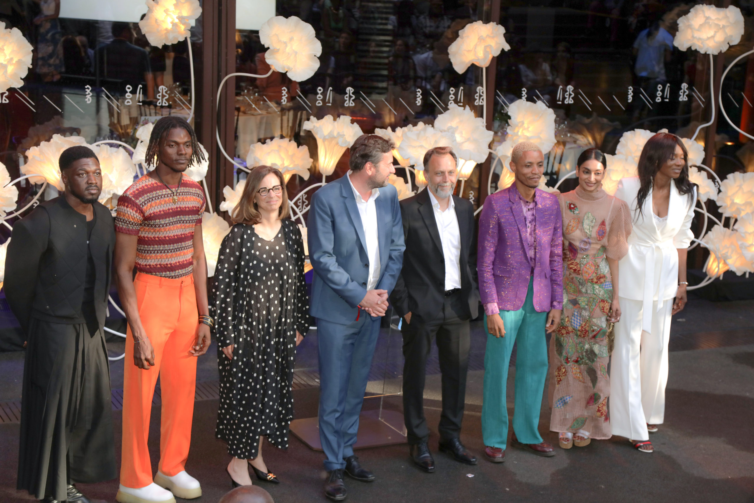 From left to right: Ibrahim Tadju, Nigerian designer and founder of TJWHO; Jafaru Larry, Ghanaian designer and founder of Larry Jay; Sophie Coustaury – Dedeyan, Chief Talent Officer, BALENCIAGA; Philippe Oster, Senior Executive Director, International Affairs, HEC Paris; Vincent Senecat, Director of Galeries Lafayette Paris Haussmann; Aristide Loua, Ivorian designer and founder of Kente Gentlemen; Shamyra Moodley, South African designer and founder of Laaniraani; Valérie Ka, founder of Africa Fashion Up and model.