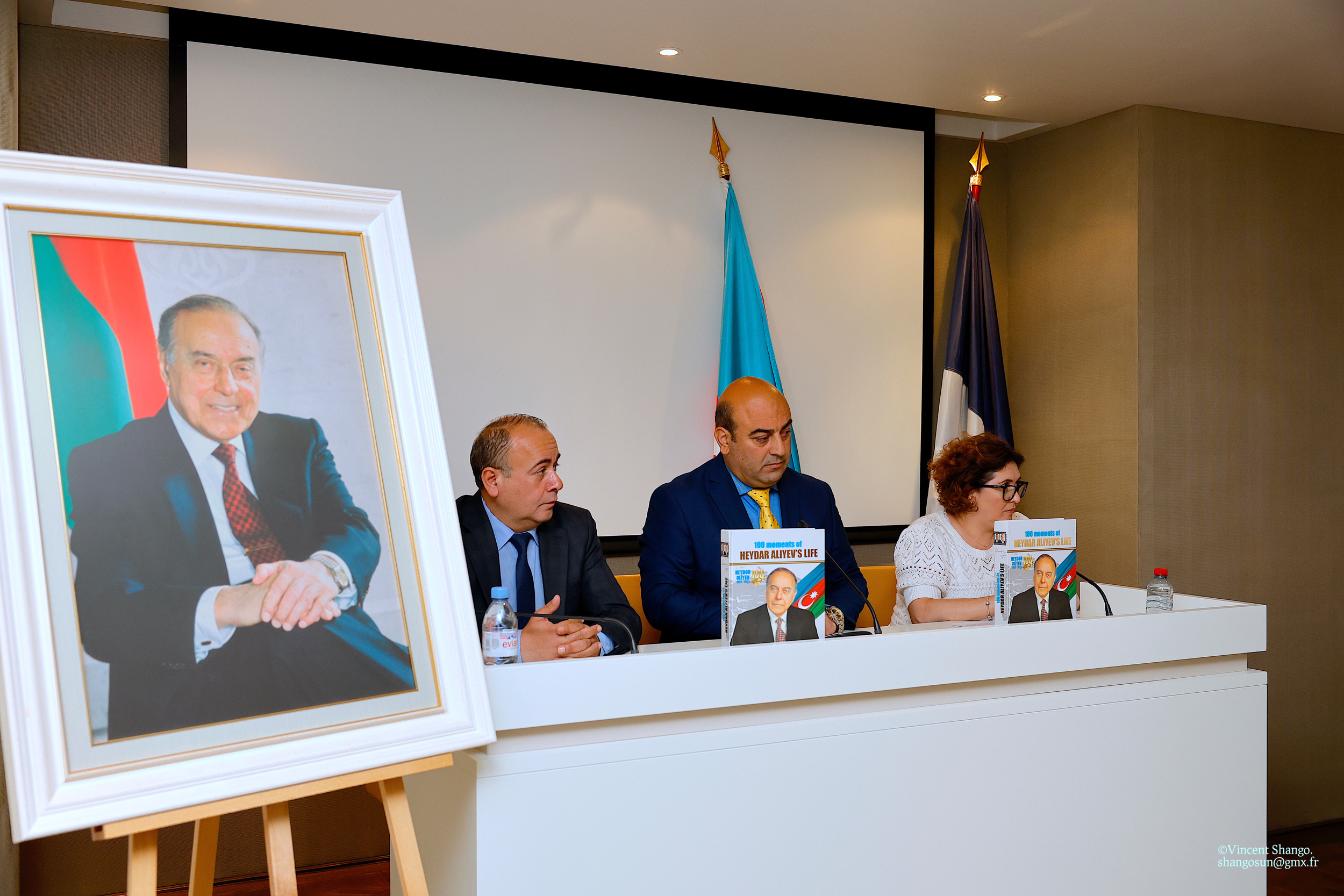 Paris hosts presentation-of 100 Moments of Heydar Aliyev’s - Life book -Ayaz Gojayev, Chargé d'Affaires of the Embassy of Azerbaijan- Emin Nasirli - the-Author and editor of Mon Azerbaïdjan Magazine -Aytan-Mouradova vice-president of the Association Dialogue France Azerbaìdjan -Nigar Vekilova, translator