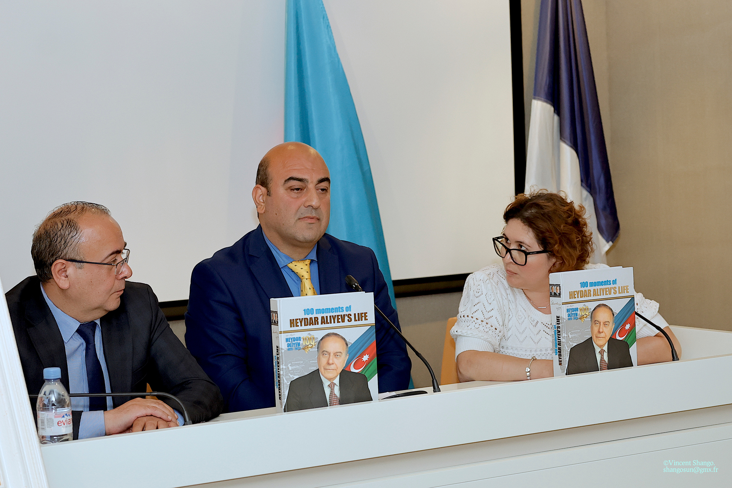 Paris hosts presentation-of 100 Moments of Heydar Aliyev’s - Life book -Ayaz Gojayev, Chargé d'Affaires of the Embassy of Azerbaijan- Emin Nasirli - the-Author and editor of Mon Azerbaïdjan Magazine -Aytan-Mouradova vice-president of the Association Dialogue France Azerbaìdjan -Nigar Vekilova, translator