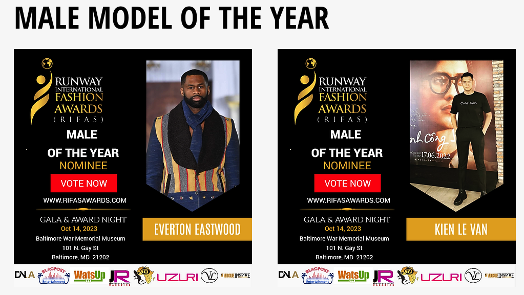 RUNWAY INTERNATIONAL FASHION AWARDS - RIFAS - Ceo & Founder by Junda Morris - NOMINEE - Category MALE OF THE YEAR 