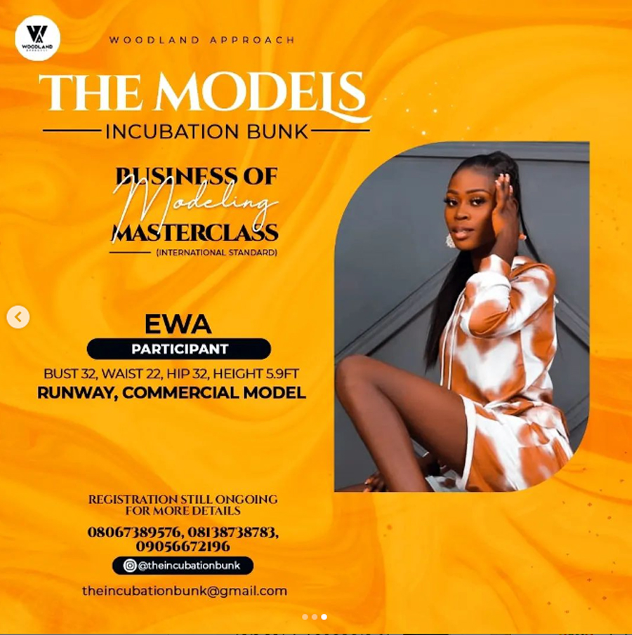 Wood Land Approach - The Models Incubation Bunk - Business of Modelling - Master Class Boot Camp- EWA Participant - Measurement : Bust 32, Waist 22, Hips 32, Height 5.9 - RUNWAY COMMERCIAL MODEL