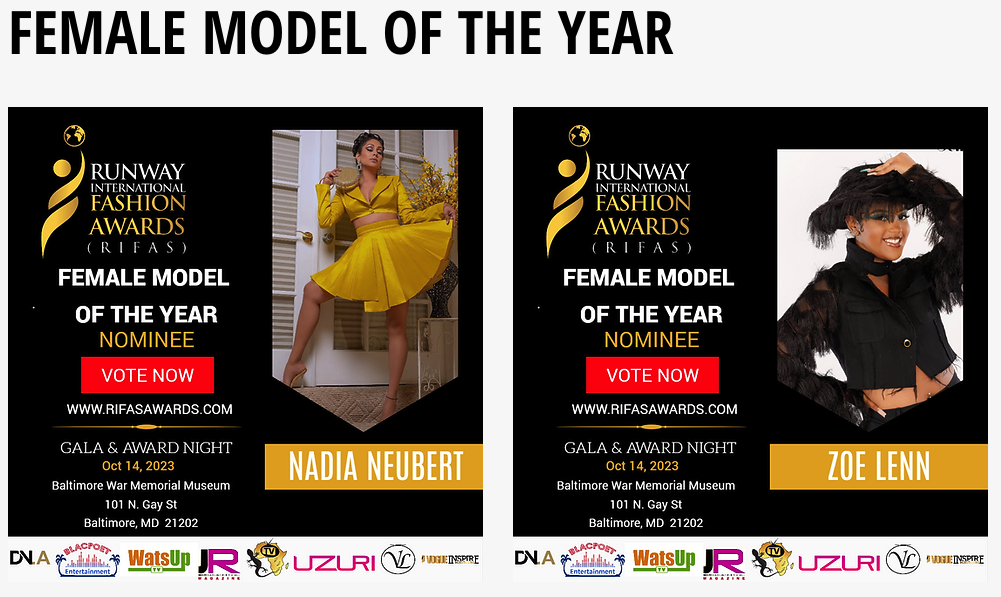 RUNWAY INTERNATIONAL FASHION AWARDS  2023 NOMINEES - CATEGORY FEMALE MODEL OF THE YEAR