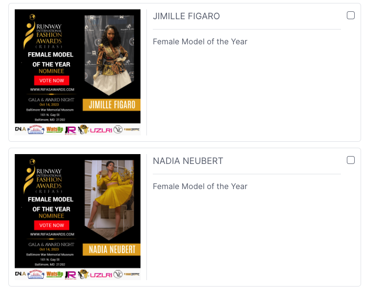 RUNWAY INTERNATIONAL FASHION AWARDS  2023 NOMINEES - CATEGORY FEMALE MODEL OF THE YEAR
