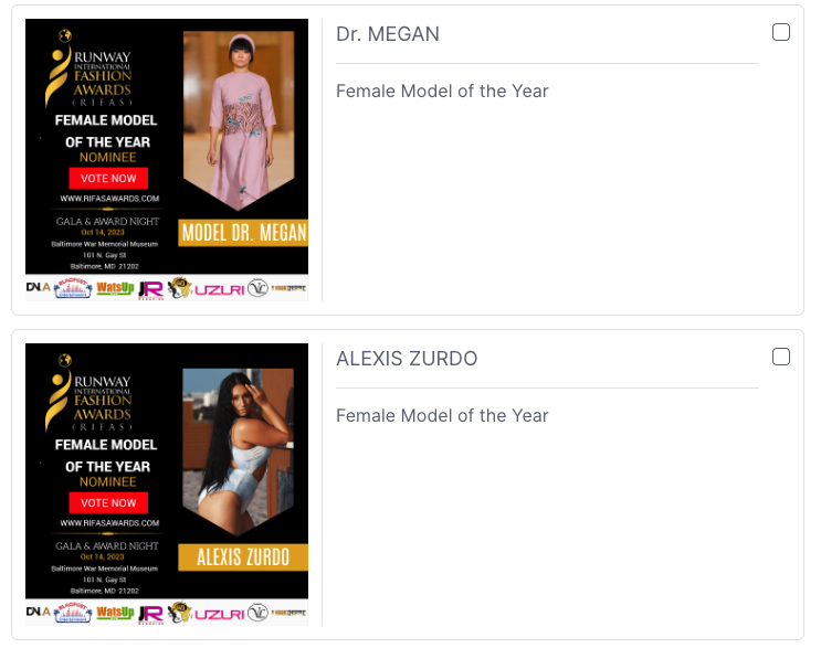 RUNWAY INTERNATIONAL FASHION AWARDS  2023 NOMINEES - CATEGORY FEMALE MODEL OF THE YEAR