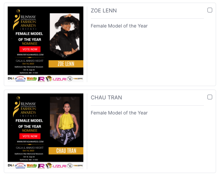 RUNWAY INTERNATIONAL FASHION AWARDS 2023 NOMINEES - CATEGORY FEMALE MODEL OF THE YEAR