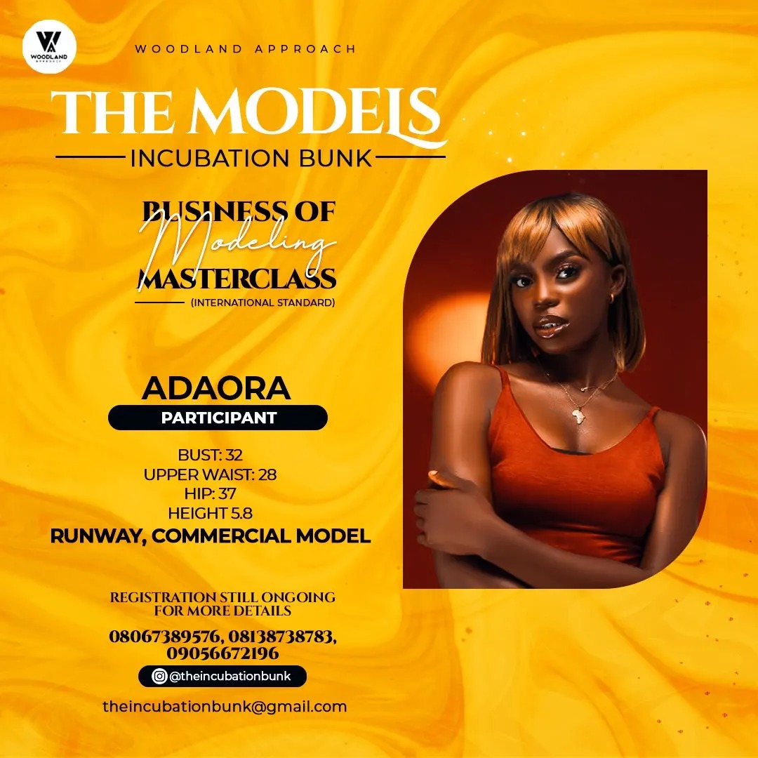 Wood Land Approach - The Models Incubation Bunk - Business of Modelling - Master Class - ADAORA Participant - Measurement : Bust 32, Waist 28, Hips 37, Height 5.8 -RUNWAY COMMERCIAL MODE