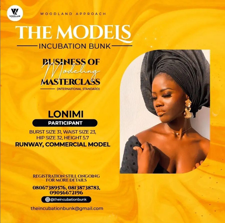 Wood Land Approach - The Models Incubation Bunk - Business of Modelling - Master Class Boot Camp- LONIMI Participant - Measurement : Bust 31, Waist 23, Hips 32, Height 5.7 -RUNWAY COMMERCIAL MODEL