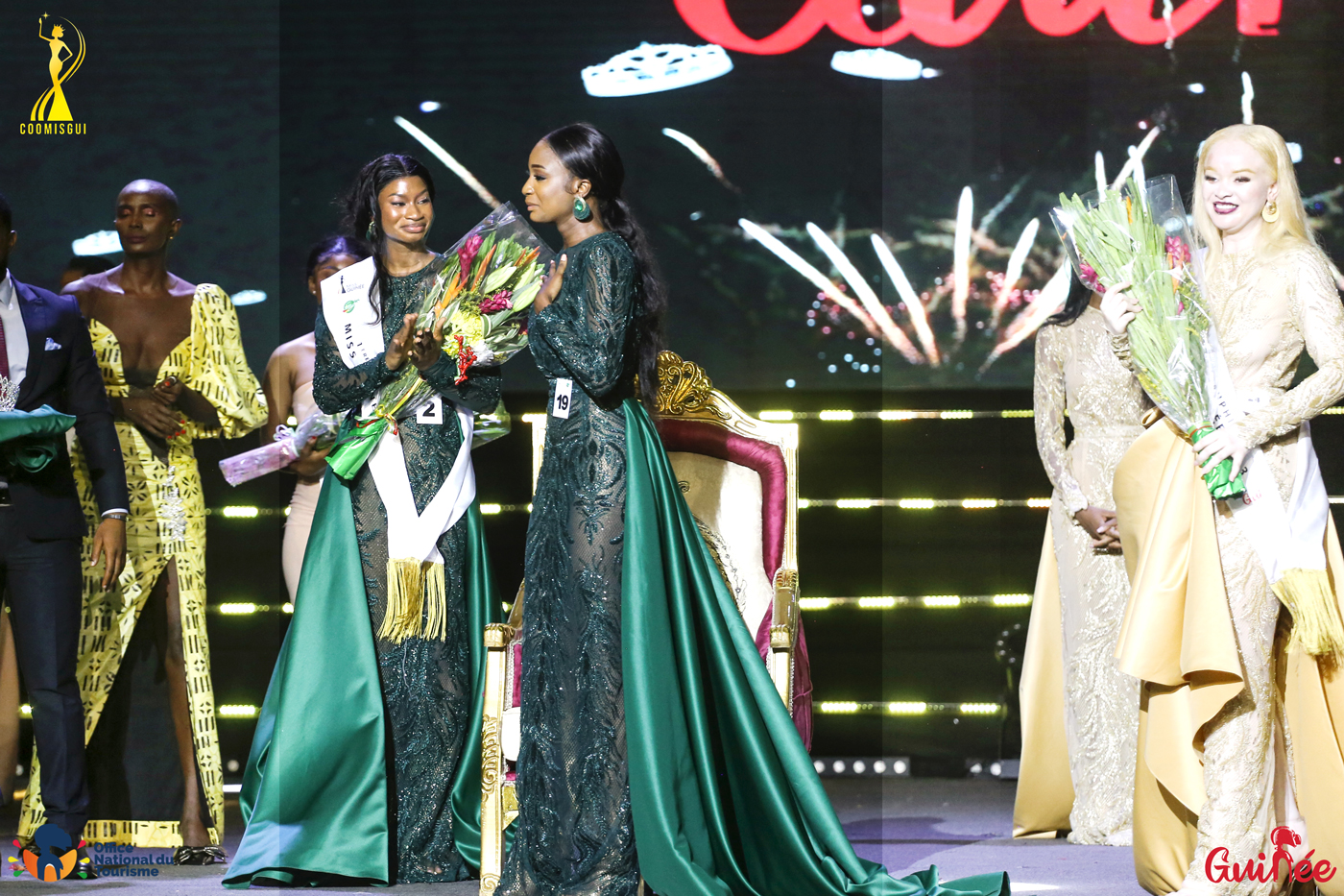 Saran Kourouma, 1st runner-up Conakry 2023 who becomes Miss Guinea 2023, succeeding Mariame Touré, Miss Guinea 2019 - 1st Runner-up Hadja Kadiatou Condé Miss Conakry 2023 - 2nd Runner-up Aïssatou Dioumo Diallo Miss Alby Beauty 2023 - Under the patronage of the First Lady of Guinee Republic, her excellency Mrs LAURIANE DOUMBOUYA