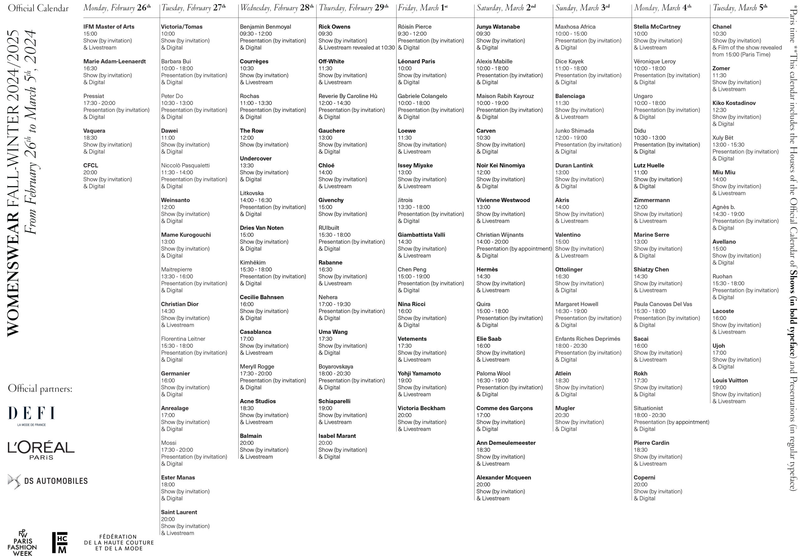 OFFICIAL CALENDAR - FFHC PFW WOMENSWEAR FALL/WINTER 2024/2025 from February 26 to March 5 2024