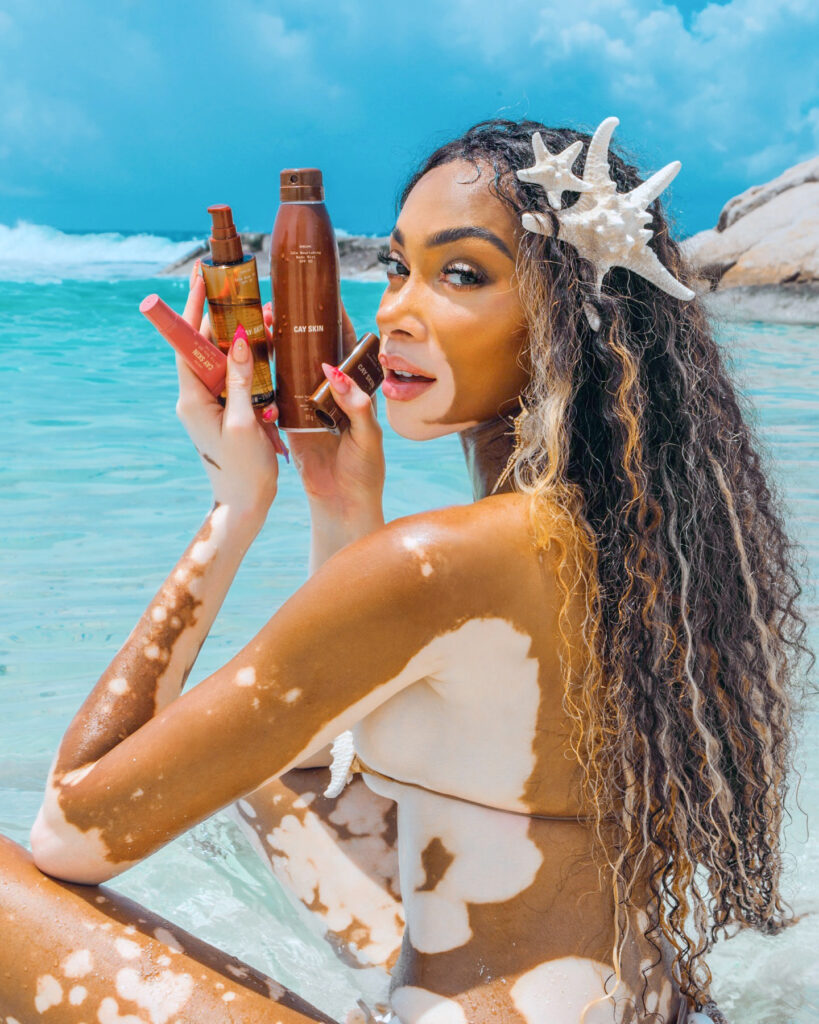 Winnie-Harlow -Siren-breathtaking-in-Celia-Kritharioti-Couture-bikini-- -SS24-Couture-Collection-name-''Deep-Sea''-for-the-campaign-of-her-skincare-line-Cay-Skin