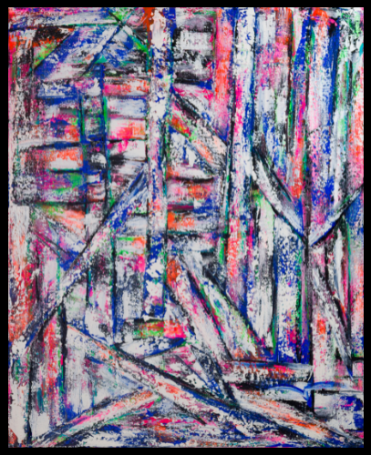 CANDYSHOP2022 Acrylic on canvas 100x81cm Acrylic on canvas 39,3x31,8 A forest with fun shades of sour sweets. UV light reactive