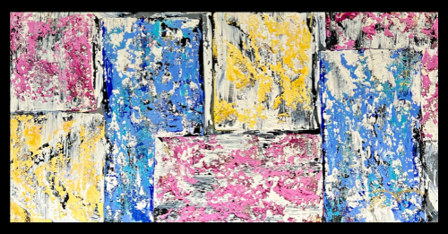 MIAMI2023 Acrylic, texture, gold leaf on canvas 50x100cm Acrylic, texture, gold leaf on canvas 19,6x39,3In A work inspired by the artist's life in Miami Beach, symbolising the surprisingly colourful art deco style hotels that can be admired on Ocean Drive. It also has a very distinctive texture.