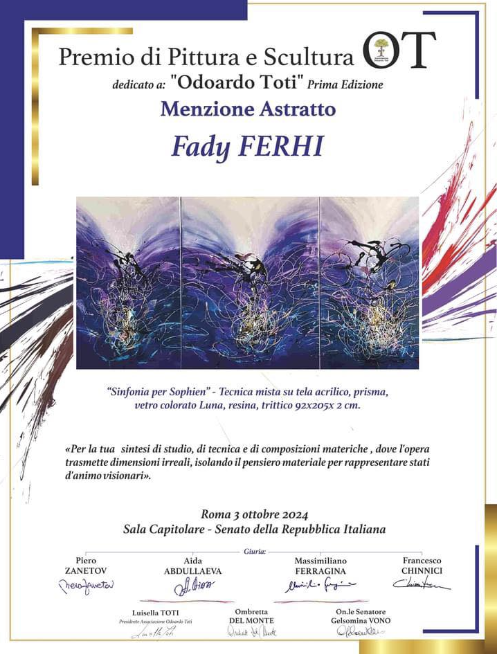 10 octobre 2024 Prix ​​ODOARDO TOTI Peinture et Sculpture : Mention spéciale art abstrait pour Fady FERHI